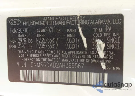 2010 Hyundai Santa Fe Gls from USA, damaged, VIN 5NMSGDAB2AH369567